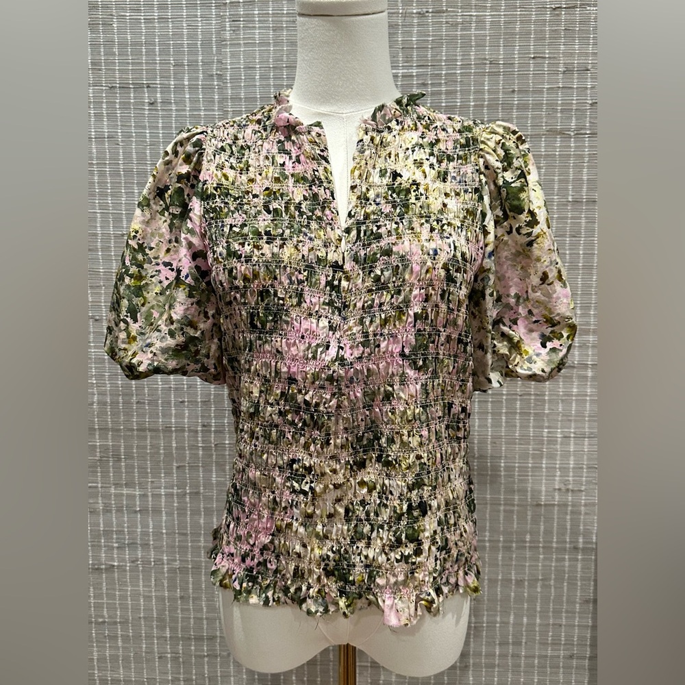 🩷 Go Silk Go Printed Sunday in Park Smocked Floral Puff-Sleeve Top 🩷